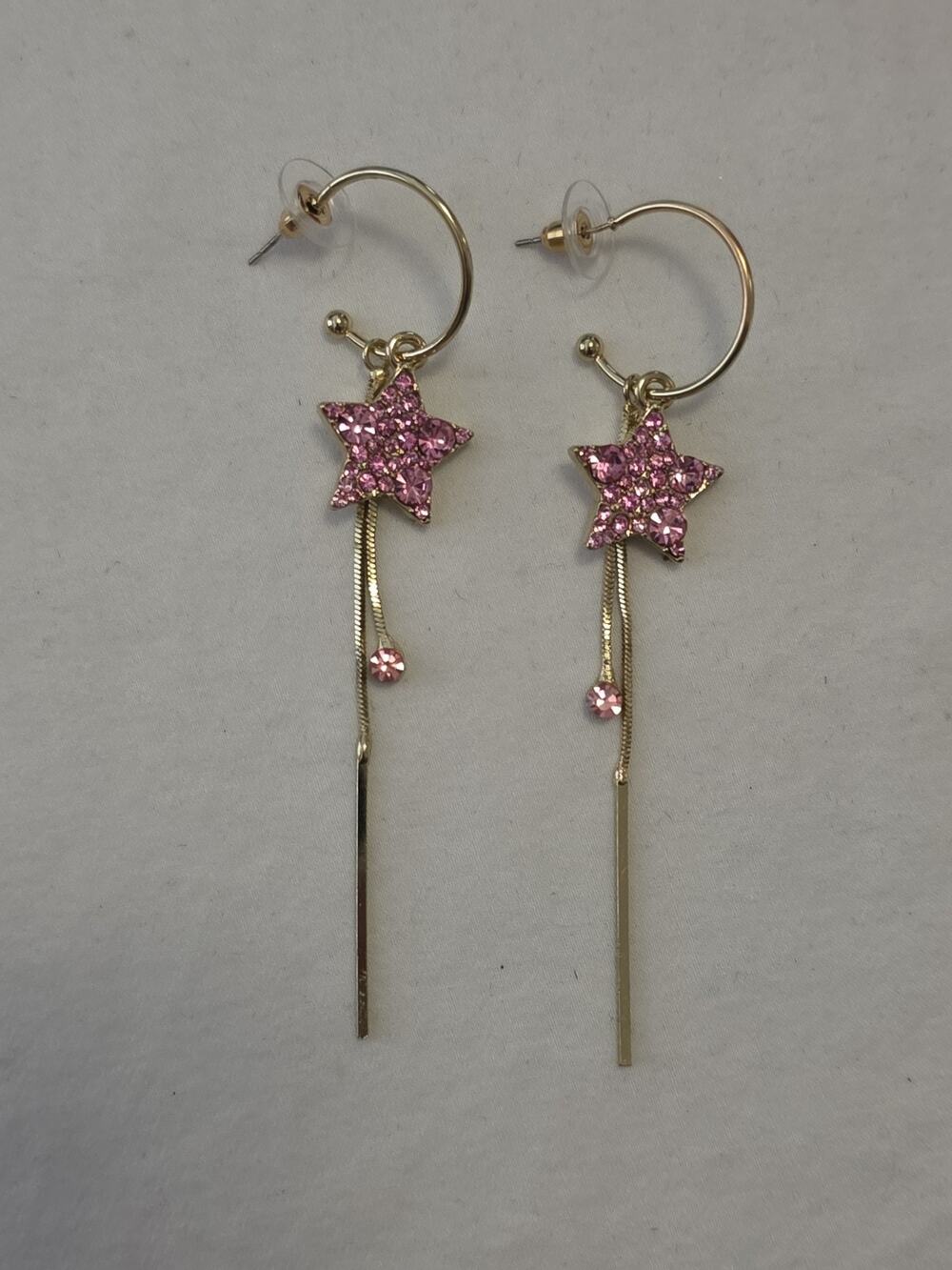 Long Dangle Hoop Earrings Pink Rhinestone Crystal Stars Gold Tone Bars 3.5"
